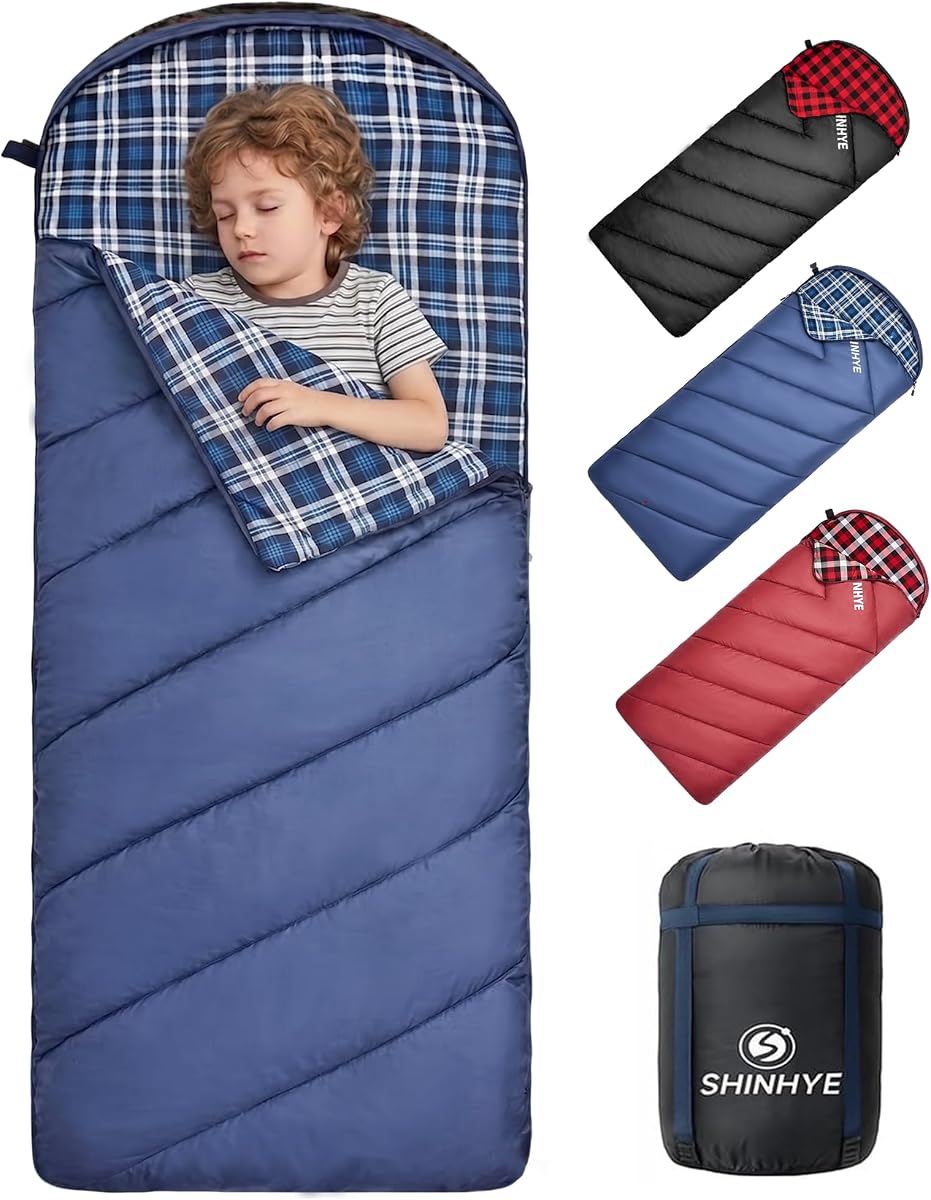 Kids Sleeping Bag for Cold Weather (45°F) - Lightweight, Waterproof & Compact Flannel Bag for Camping. Fits Youth 10-12 Years (4'7" to 5'5")