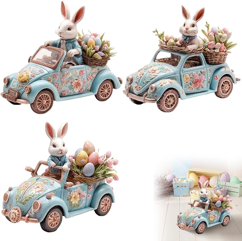 2D Easter Bunny Driving Car Figurine, Acrylic Tabletop Decoration with Floral Design, Blue Vintage Car with White Rabbit and Egg Basket, Spring Holiday Home Decor, 21x17x1cm (3PCS a Set)