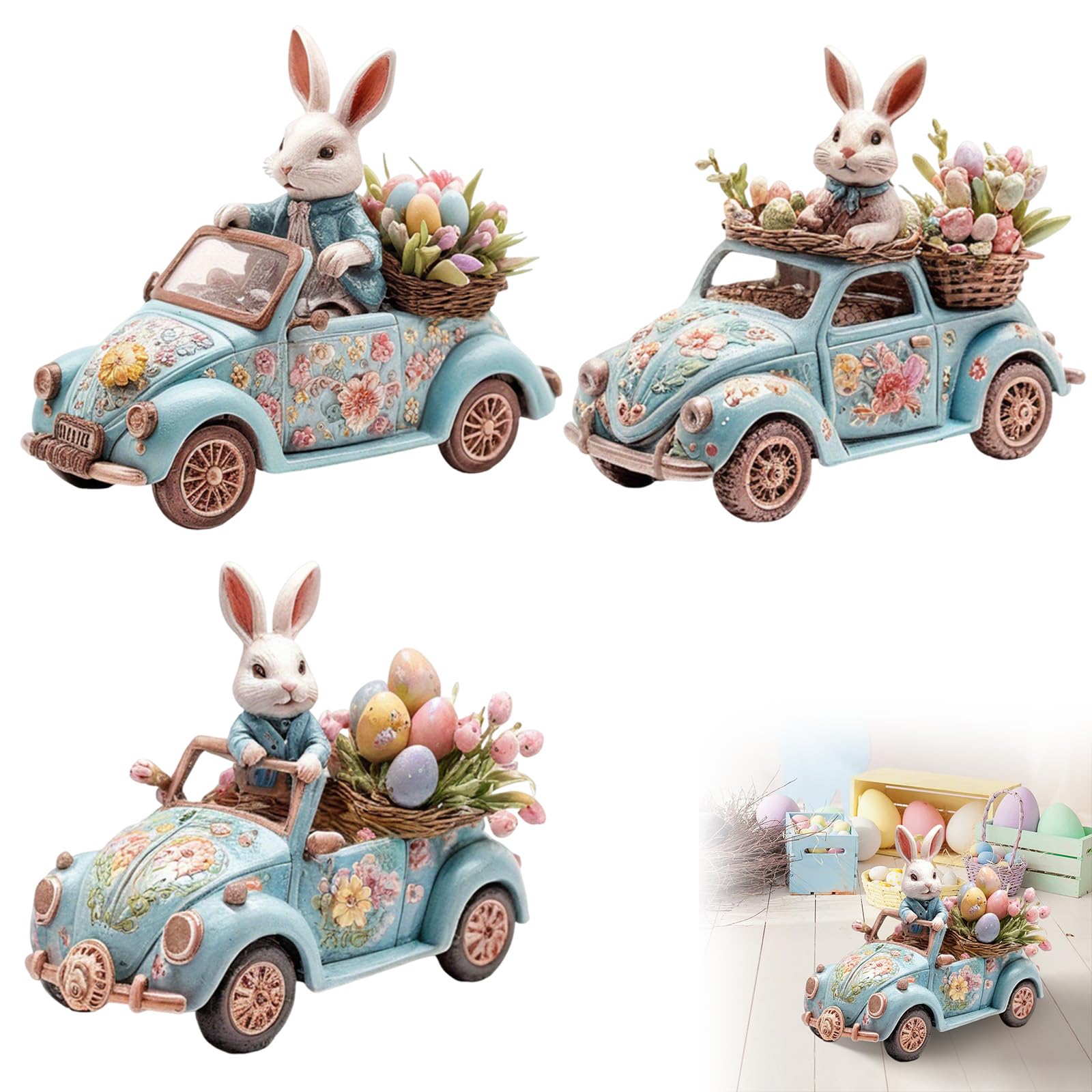 2D Easter Bunny Driving Car Figurine, Acrylic Tabletop Decoration with Floral Design, Blue Vintage Car with White Rabbit and Egg Basket, Spring Holiday Home Decor, 21x17x1cm (3PCS a Set)