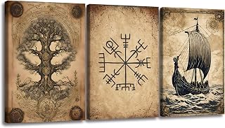 Pennimor Canvas Wall Art Set of 3 Framed - 12x16in Norse Mythology Tree Compass Viking Ship Decoration, Vintage Wall Art For Home, Office or Farmhouse Wall Decor