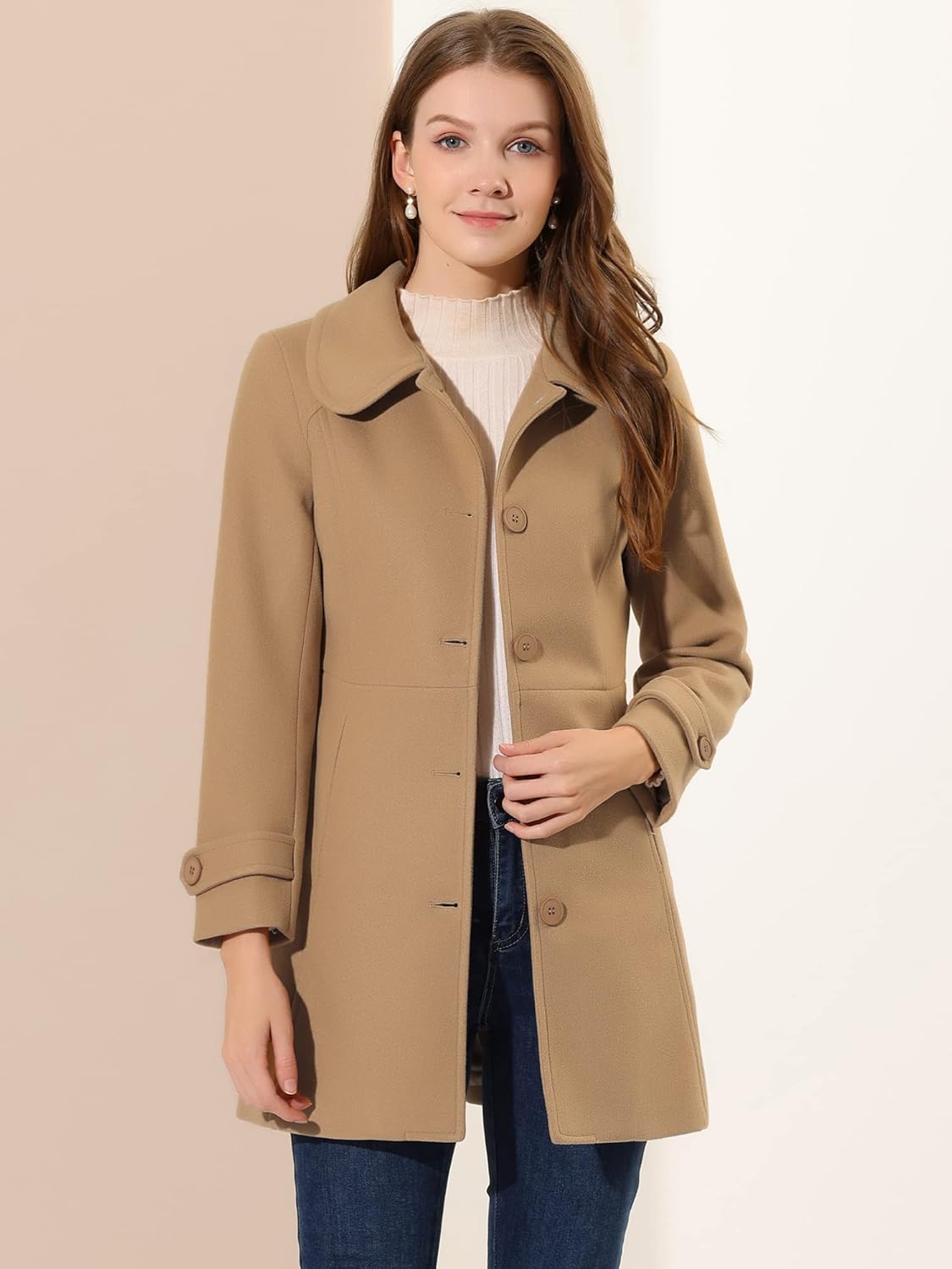Allegra K Womens Peter Pan Collar Overcoat Fall Winter Dressy Single Breasted Long Coat - Image 2
