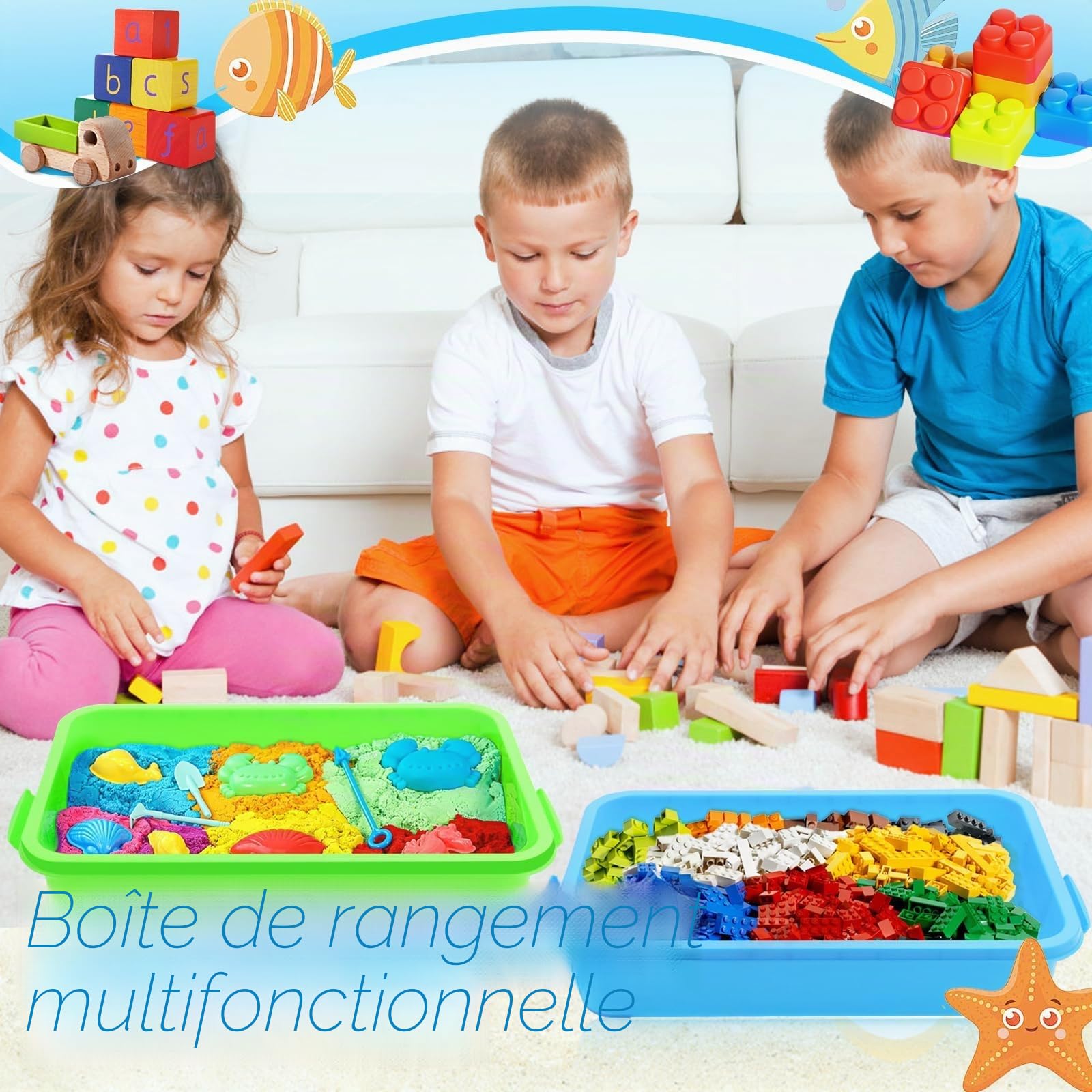 Bac à Sable avec Couvercle Sensory Bin en Plastique Bac Sensoriel Enfant pour Enfants Plateau d'Activité en Plastique pour Eau, Sable, Perles Et Plus Encore - Vert et Bleu