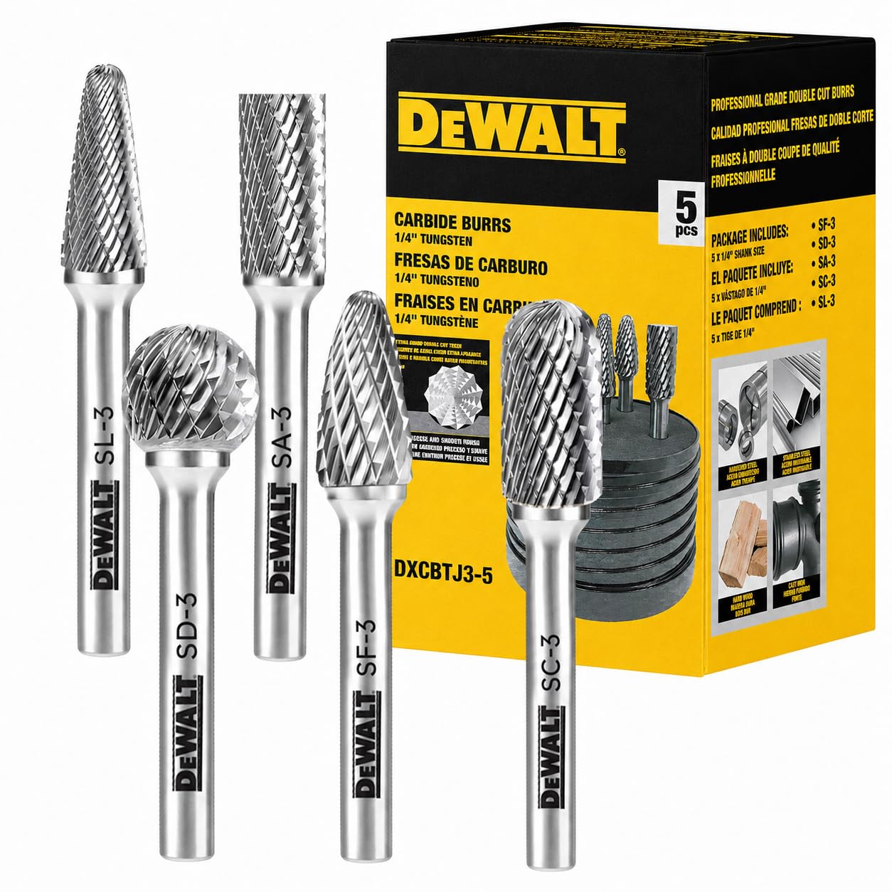 5 Pack DEWALT Carbide Burrs Size 3 with 1/4" Shank (DXCBTJ3-5)