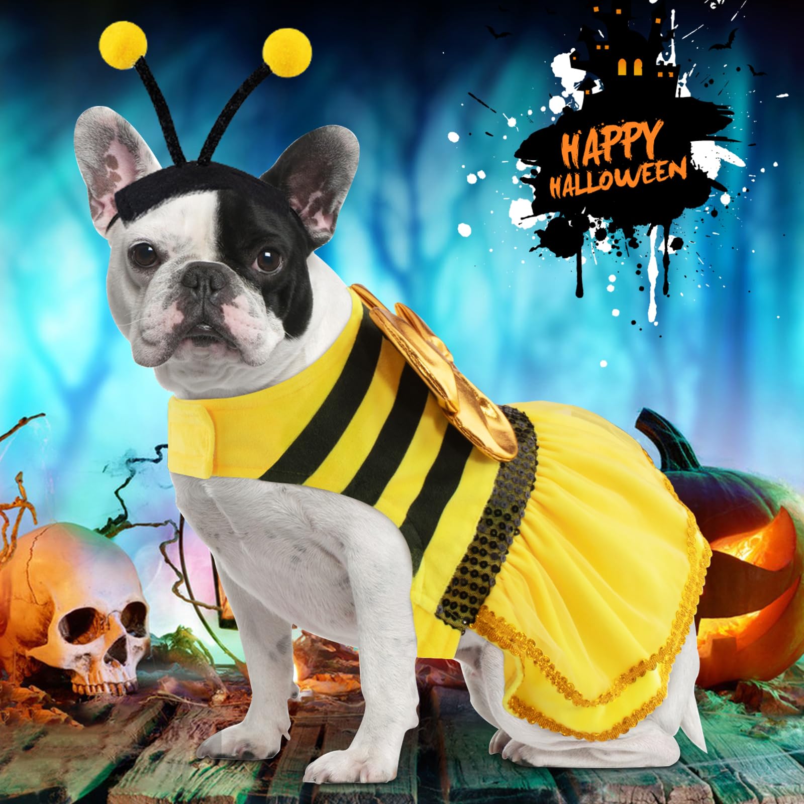 Bee Costume for Dogs & Cats - Bumblebee Dress with Cap for Halloween & Parties