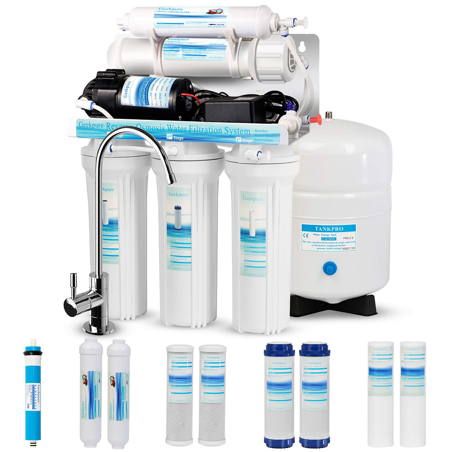 Geekpure 5 Stage Reverse Osmosis RO Drinking Water Filter System with Booster Pump Extra 4 Filters-75GPD