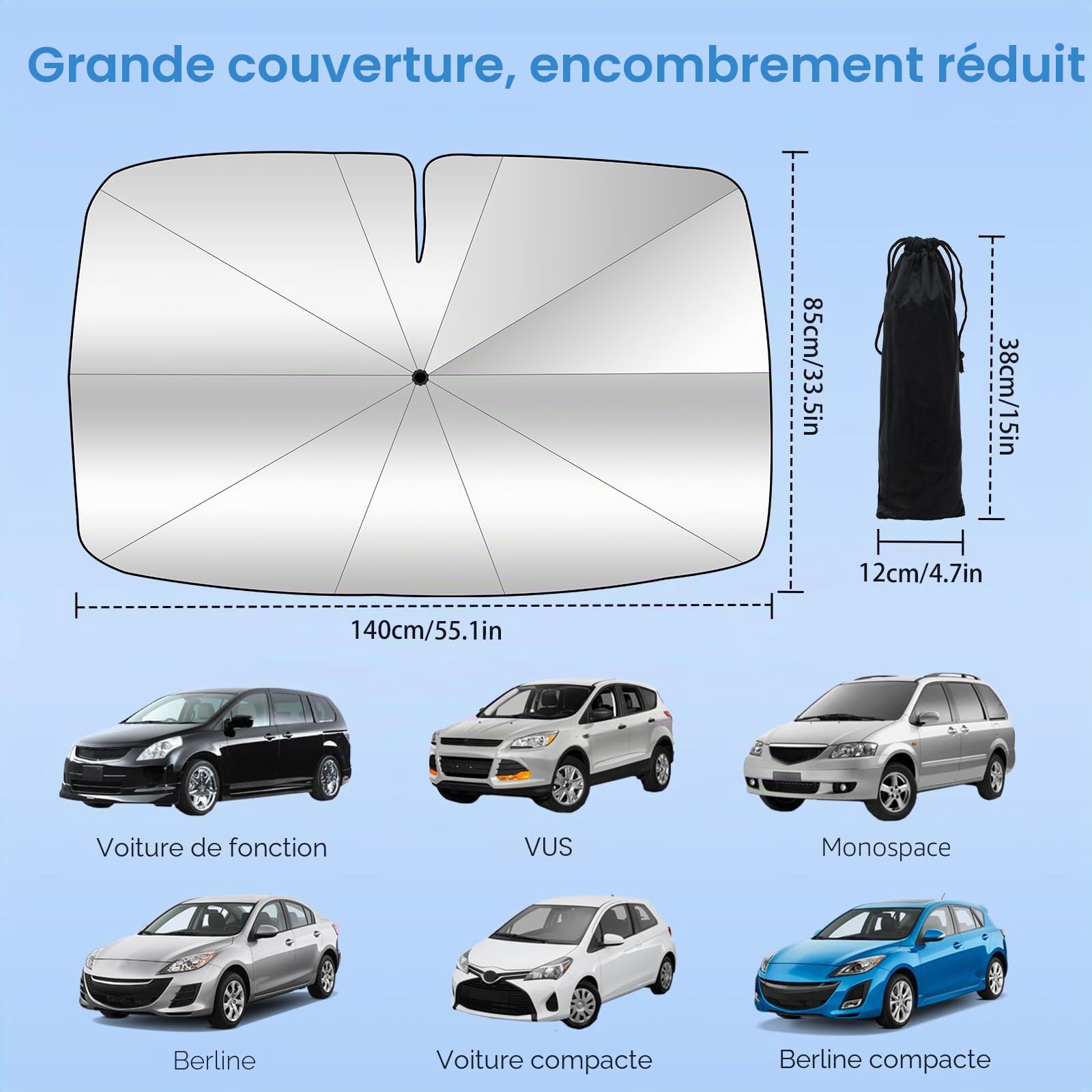 Pare-Soleil Voiture Pare-Brise Avant, 145x85cm Grande Taille,Protection UV & Anti-Chaleur Pliable Poignée pivotante, avec Découpe pour Rétroviseur – Idéal pour SUV et pour Voiture.