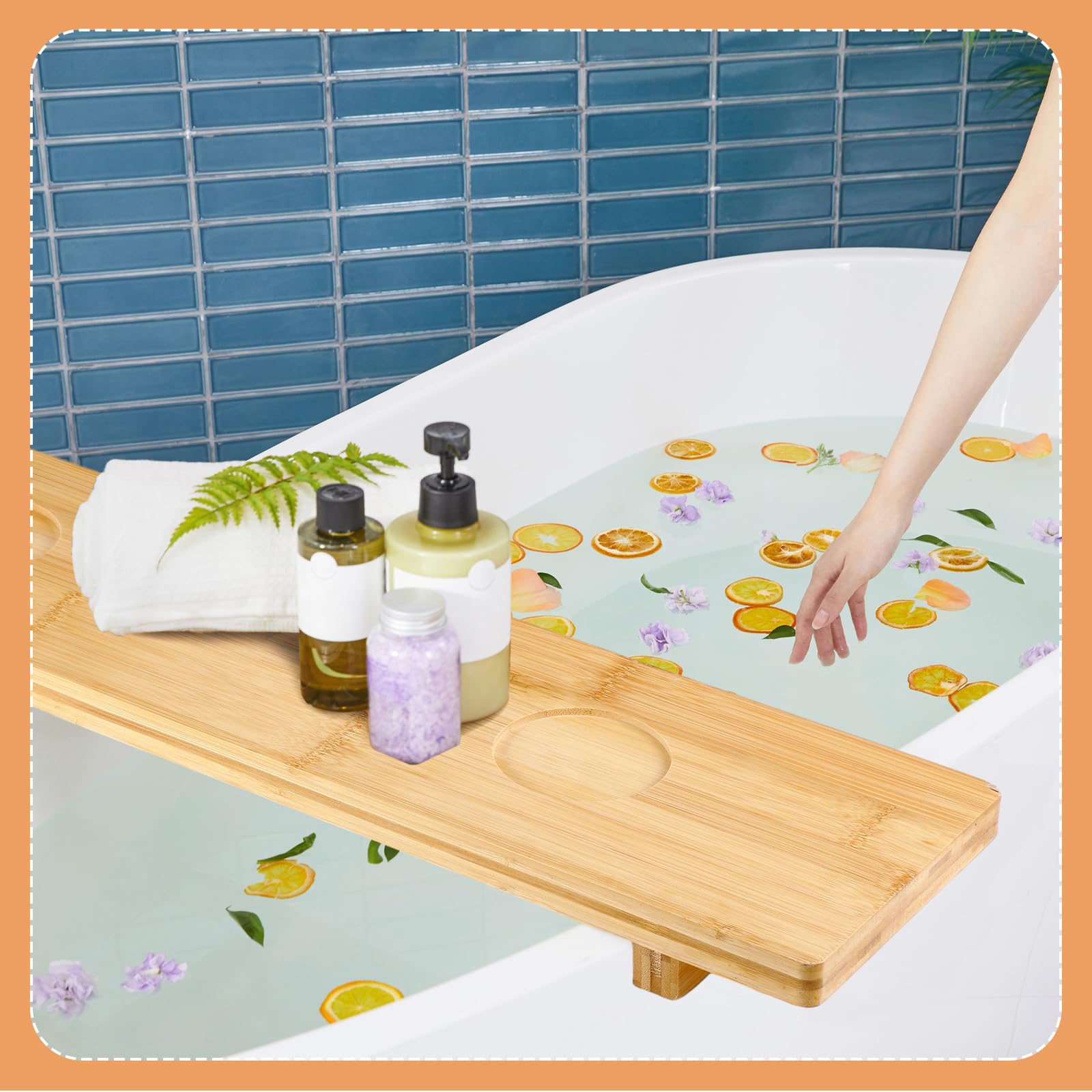 Wenqik Bandeja de bañera de madera de bambú para mesa grande, accesorios antivuelco para bañera, baño, spa