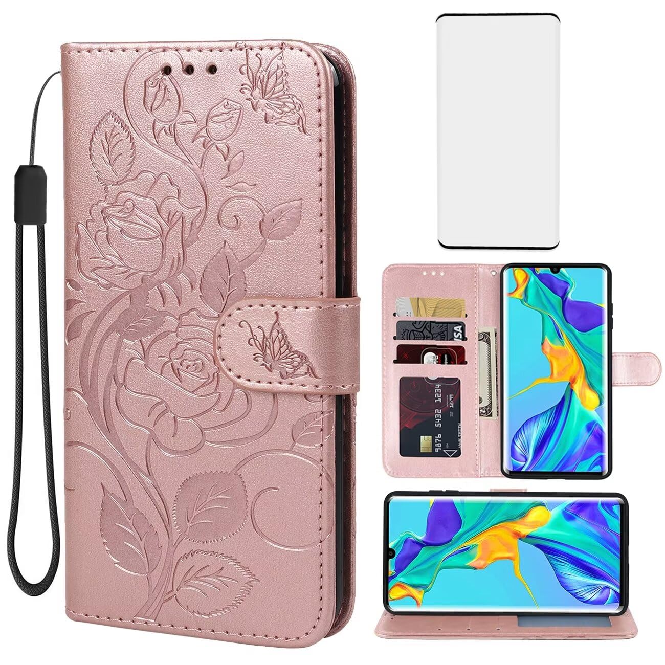 Yerebel for Huawei P30 Pro Case, VOGL29 VOGL04 Wallet Case with Tempered Glass Screen Protector, Flower Leather Flip Protective Case Credit Card