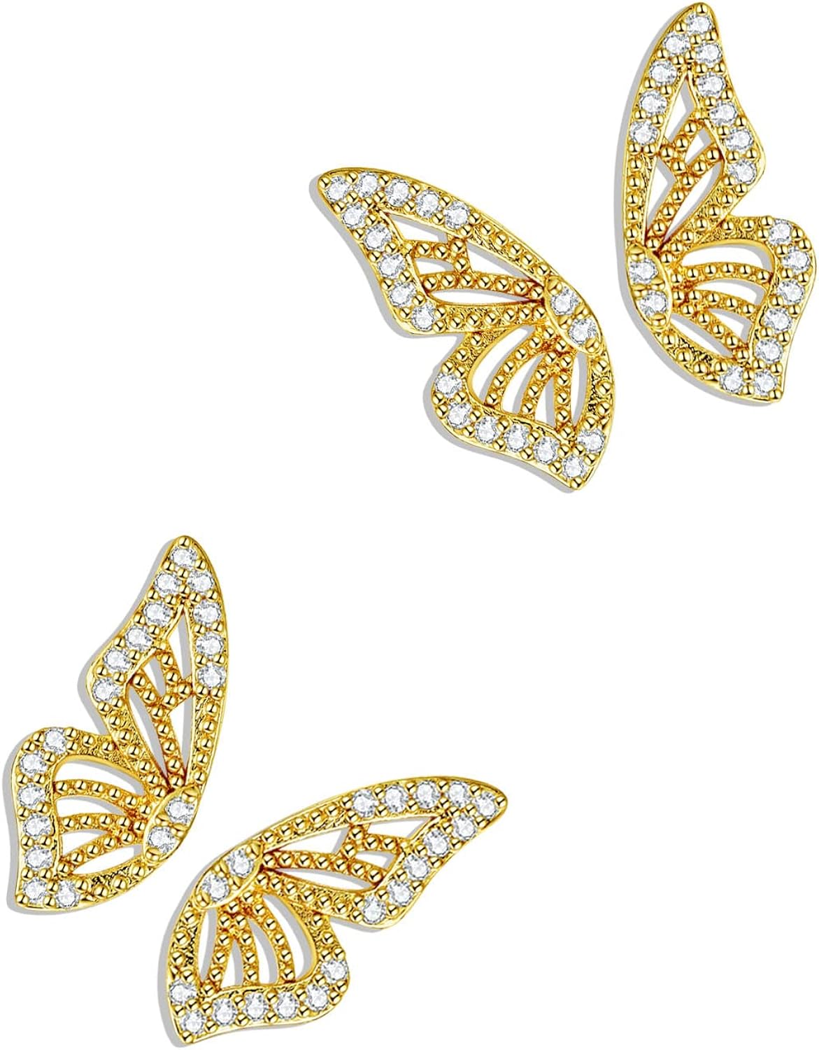 Luxval Aretes de ala de mariposa, chapados en oro de 18 quilates, aretes de tuerca de plata de imitación de diamante, pequeños aretes de cartílago