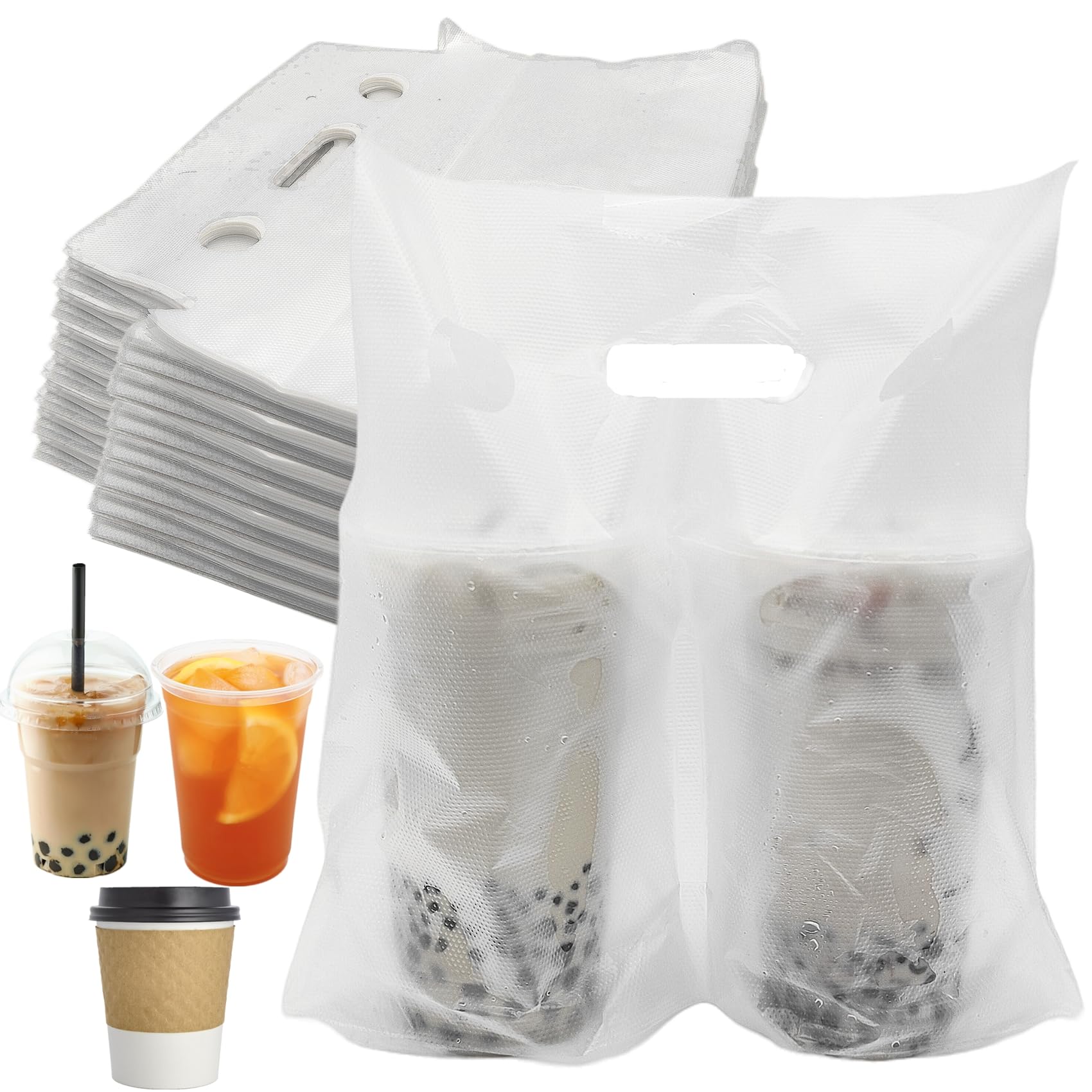LyyGuanYoo 200 Pack Drinking Bags, 2 Cups Drink Carriers for Delivery, 12" L x 11" H Disposable Clear Plastic Packaging Poly Cup Bags with Handle for