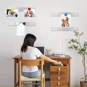 Magnetic Board Strips, 2PCS Frameless Stainless Steel Metal Magnet Bulletin Board Bars with Adhesive Backing, Includes 10 Colorful Magnets, Memo Message Board Strip for Wall Home Office School