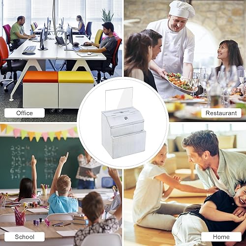 Miniatura 7 de KYODOLED Caja de sugerencias de madera con cerradura, caja de donación de urnas blanca rústica, caja de donación de llaves con soporte de letrero