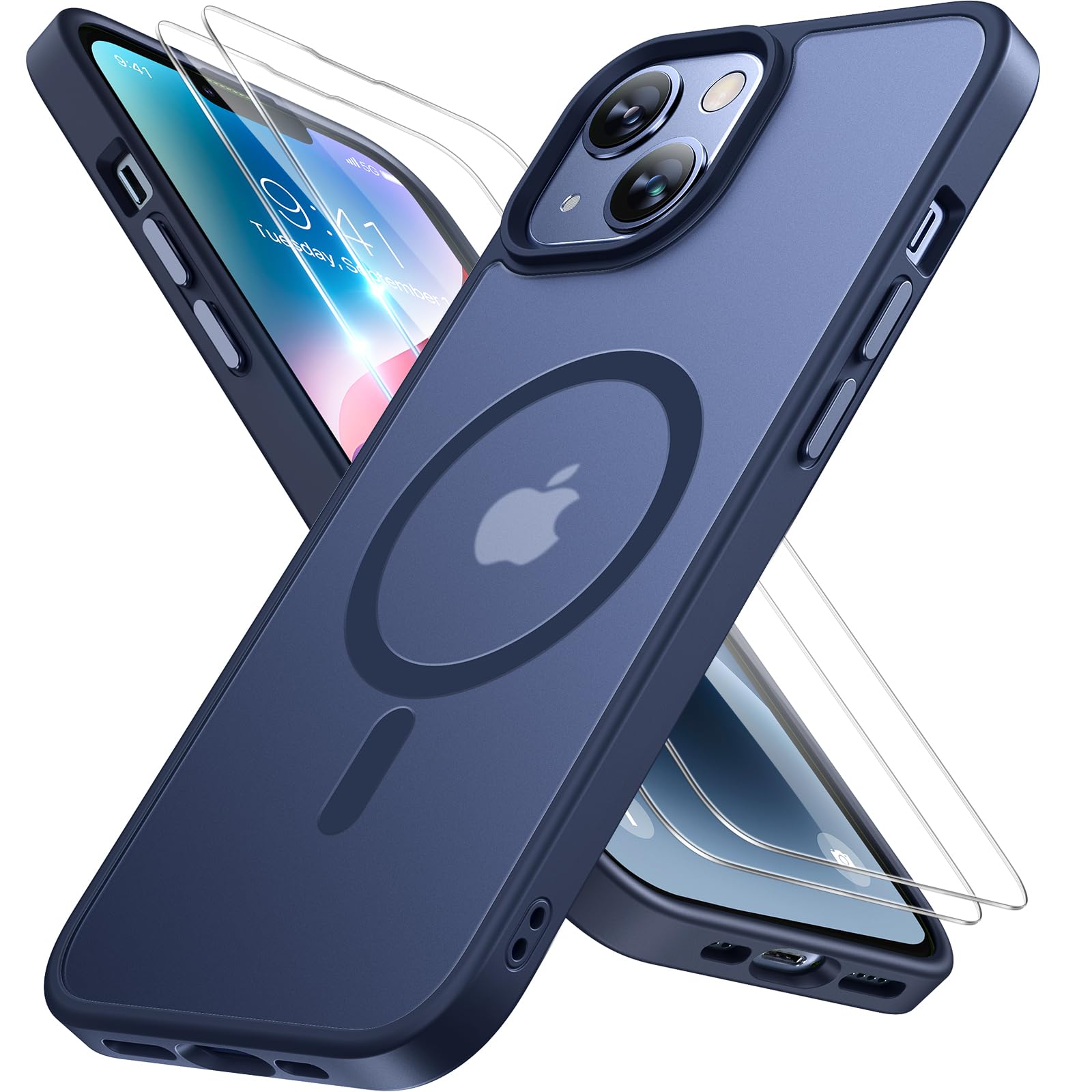Miracase Magnetic for iPhone 14 Plus Case 6.7 inch (Compatible with MagSafe)（with 2X Screen Protectors） Military-Grade Protection, Anti-Fingerprint Translucent Matte Phone Case Cover, Dark Blue
