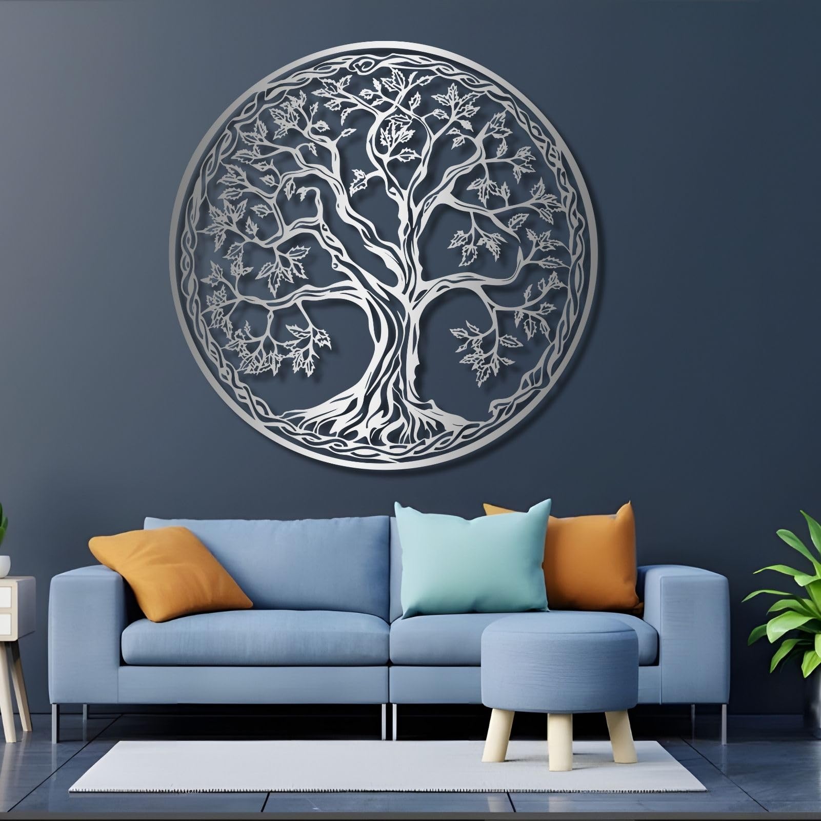 Decoración de pared de metal del árbol de la vida, silueta de sala de estar y dormitorio (47 x 47 cm, plateado)