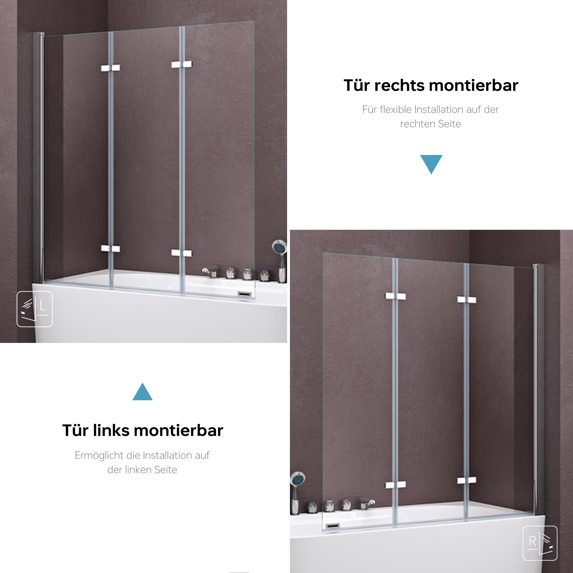 doporro Parete doccia per vasca da bagno, 130 x 140 cm, parete pieghevole