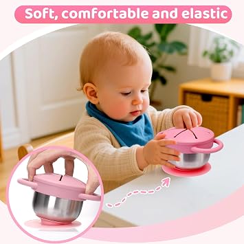 Palksky Toddler Snack Cups Stainless Steel for Kids, 2 Pack 5-in-1 Snackle Containers with Spill-Proof Silicone Lids,Handles,Suction Base,Anti-Loss Tether, Baby Snack Box No-Spill for On-the-Go,Travel