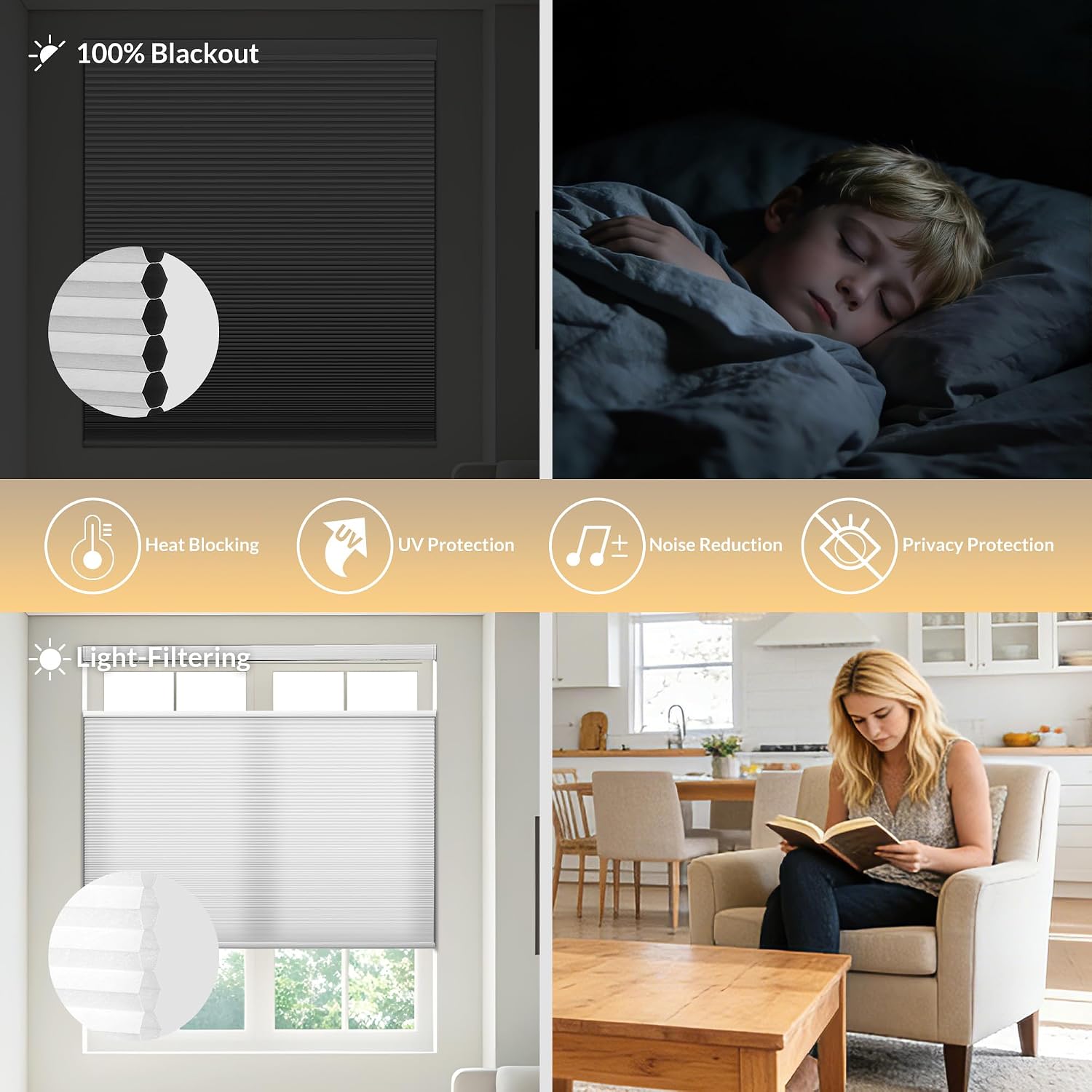 Boolegon Top Down Bottom Up (TDBU) Cordless Cellular Shades – Blackout, Thermal Insulation, Noise Reduction, Honeycomb Blinds for Indoor Windows 34" W x 64" H, Blackout White