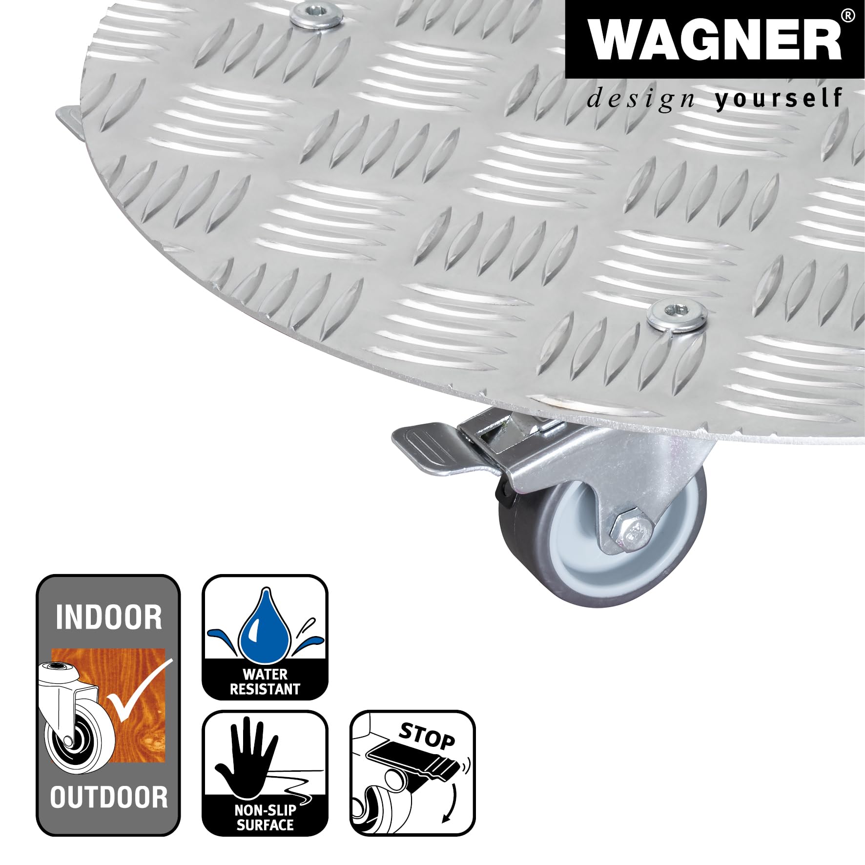Wagner Carrello per Piante Alaska Ø 38 x 7,5 cm I Carrello per Fiori per Interni ed Esterni I Portavaso in Alluminio con Ruote I 2 Ruote con Freno I Portata 150 kg I Made in Germany - 20700201