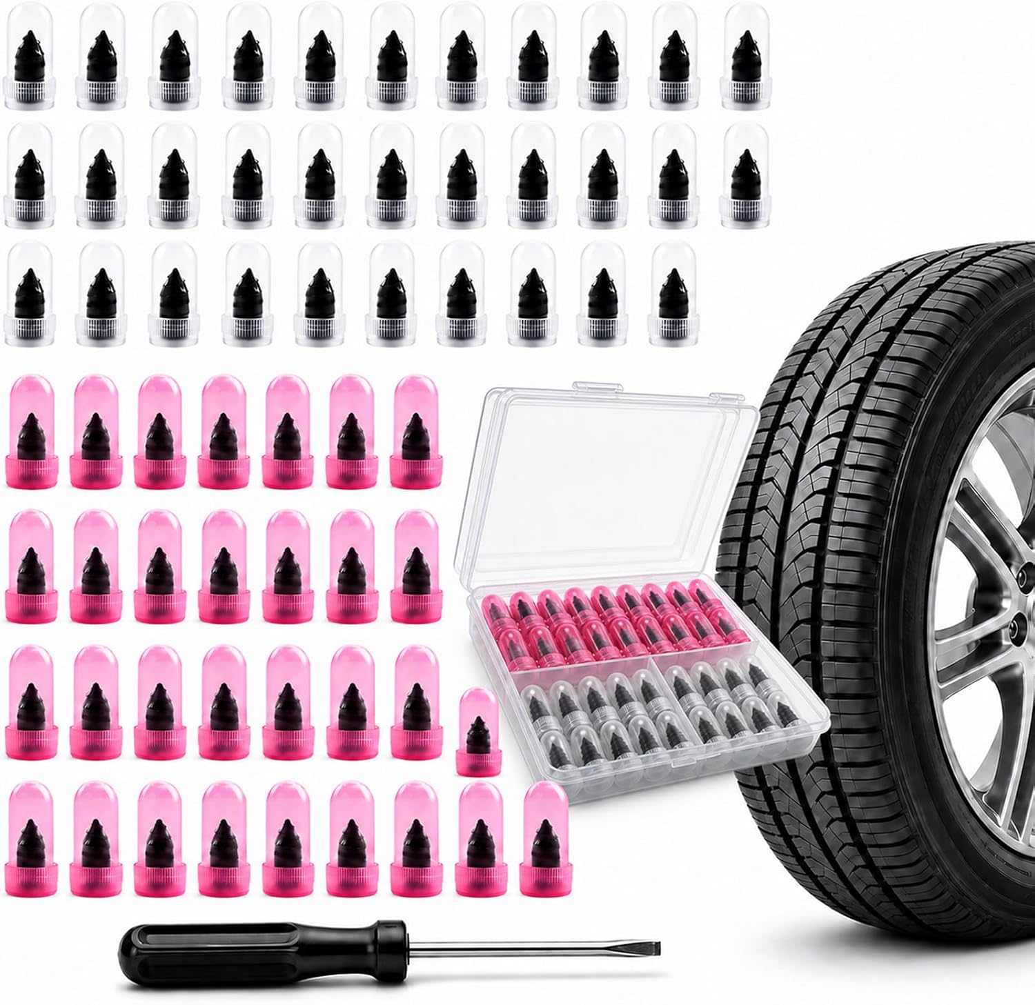 20 Pcs Tire Plug Kit, Screw in Repair Plugs with Screwdriver and Storage Case, Rubber Nail Set for Tubeless Punctures, Emergency Fix for Cars, Motorcycles, Trucks, Bikes (20)