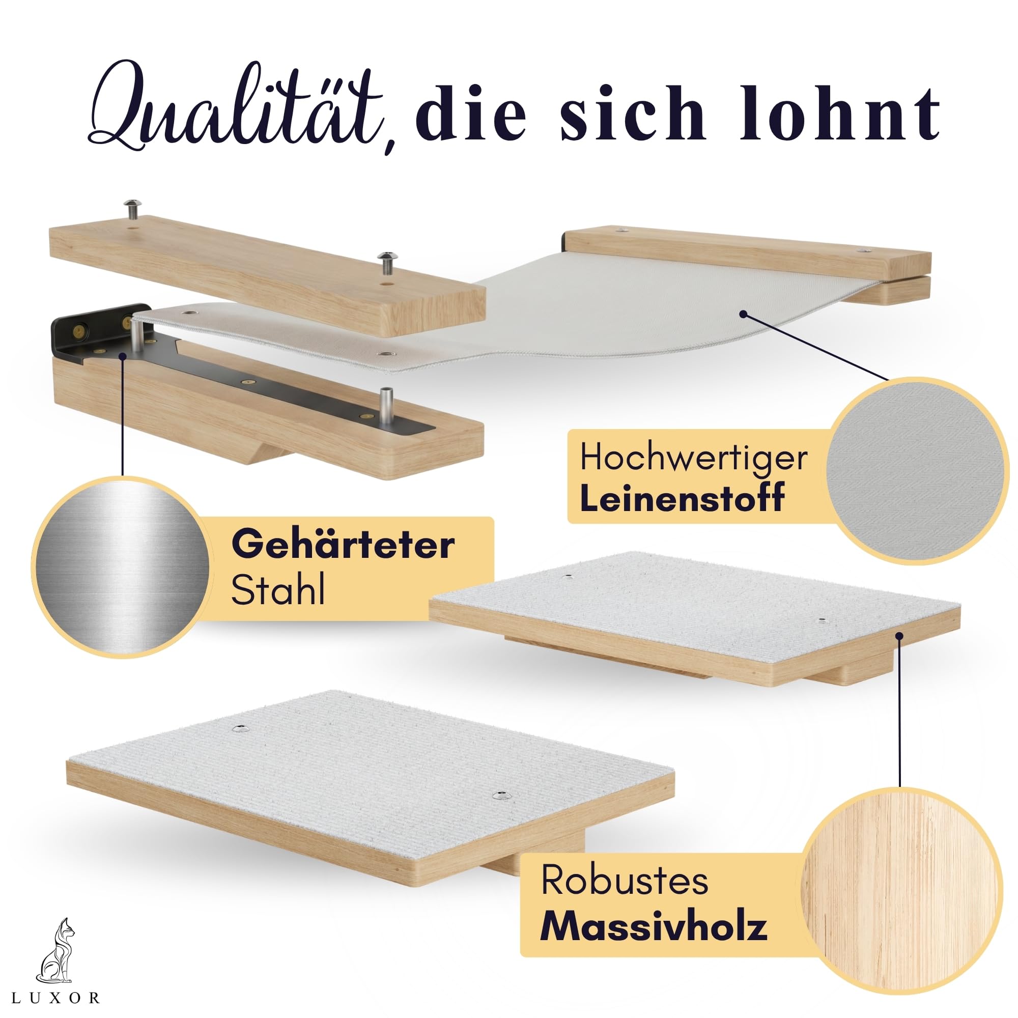 LUXOR Kletterwand Katzen Hängematte inkl. 2X Katzentreppe Wand & Befestigungsmaterial - Stabilität und Langlebigkeit Dank Massivholz und Stahlkonstruktion - mit kratzfestem Leinenstoff