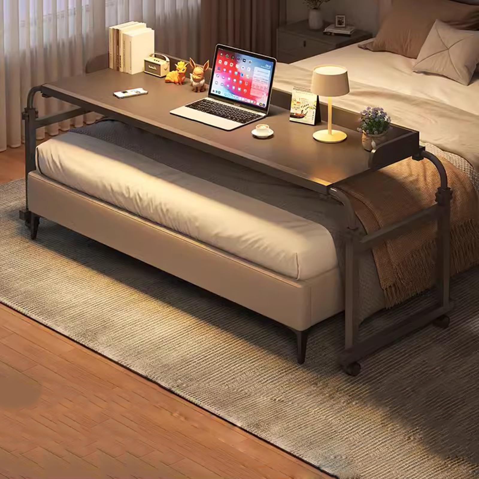 Zhfasds Black Overbed Table With Wheels，Bedside Table Adjustable Height And Length Standing Workstation Food Tray Laptop Bed Table Standing Over Bed Table King Size(Color:black)