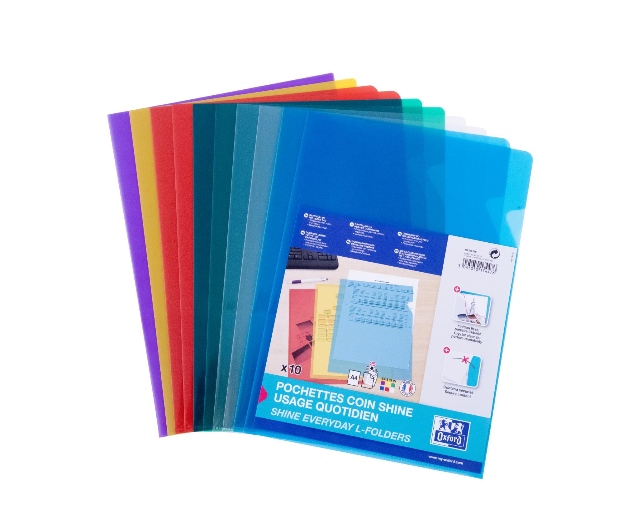 OXFORD Pack of 24 A4 Smooth Plastic Corners Pockets 12/100 Thickness Assorted Colours