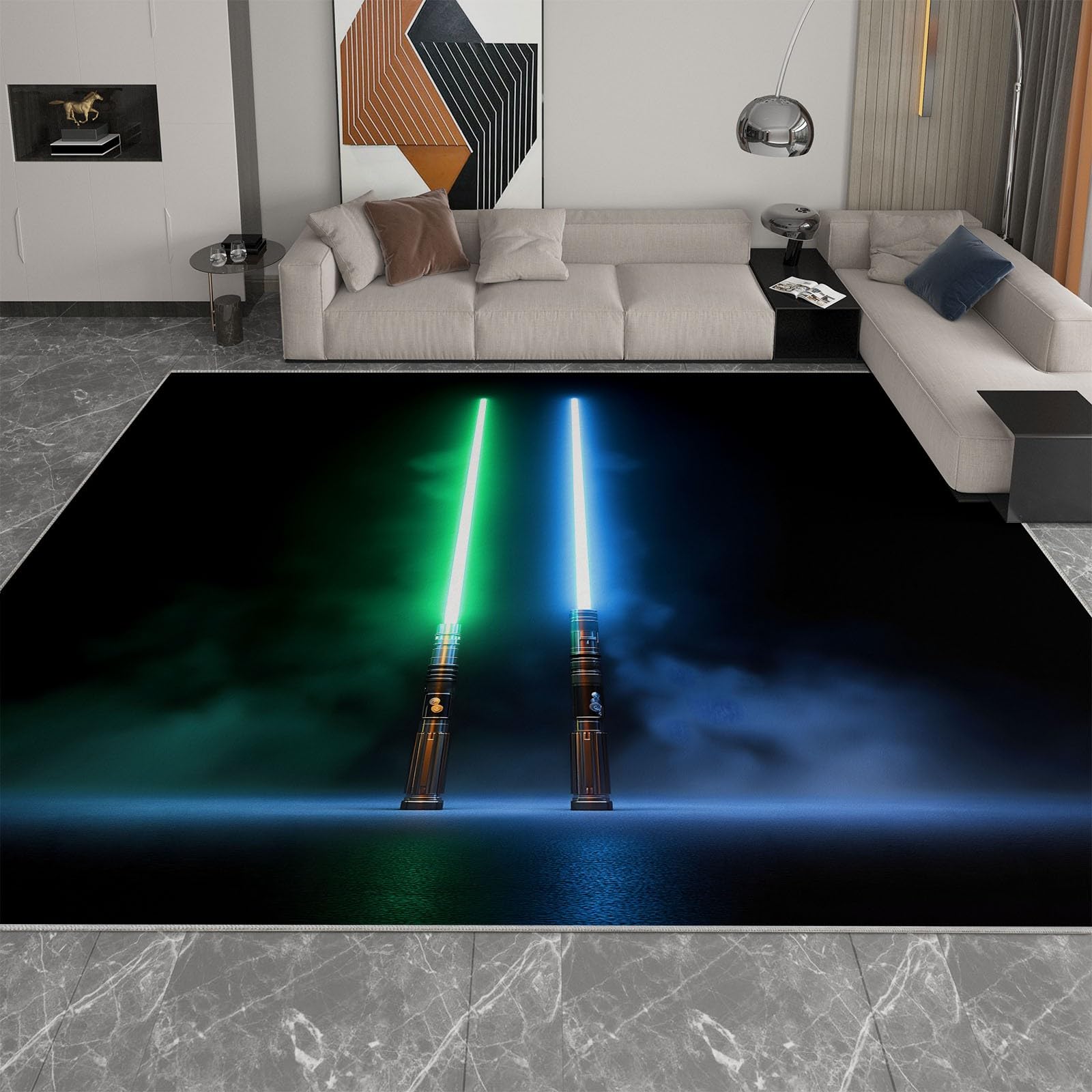 Gaming Teppich für Jungenzimmer 120x170cm Minimalismus Fantasie Lichtschwert, Rutschfester Waschbarer Kurzflor Schwarz Teppich für Gaming Setup Spielzimmer, Weiches Flanell Dekor für Kinder Teenager