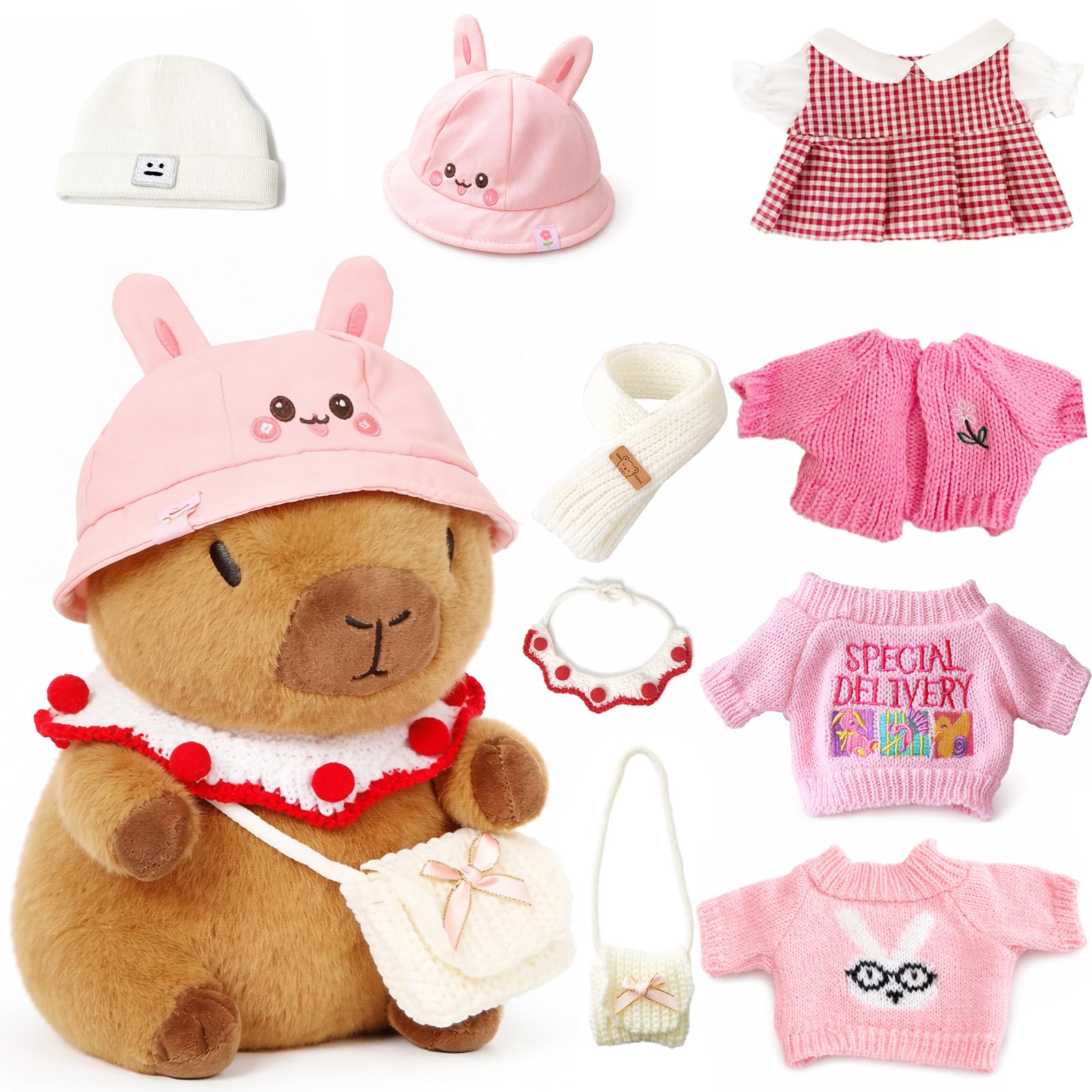 TITQWOP 10.2" Brown Capybara Plush Toy with 9 Clothes and Accessories Super Soft Capybara Stuffed Animal for Kids Girls Boys (Pink Capybara) — image 1