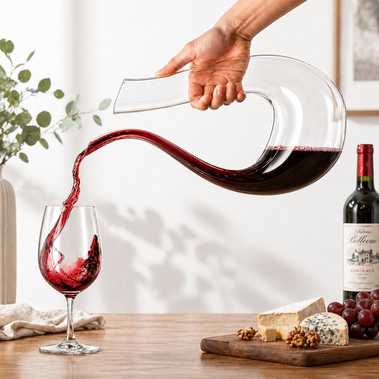Decanter per vino in cristallo a forma di U, 100% privo di piombo, caraffa per vino rosso soffiata a mano, capacità 1,5 L