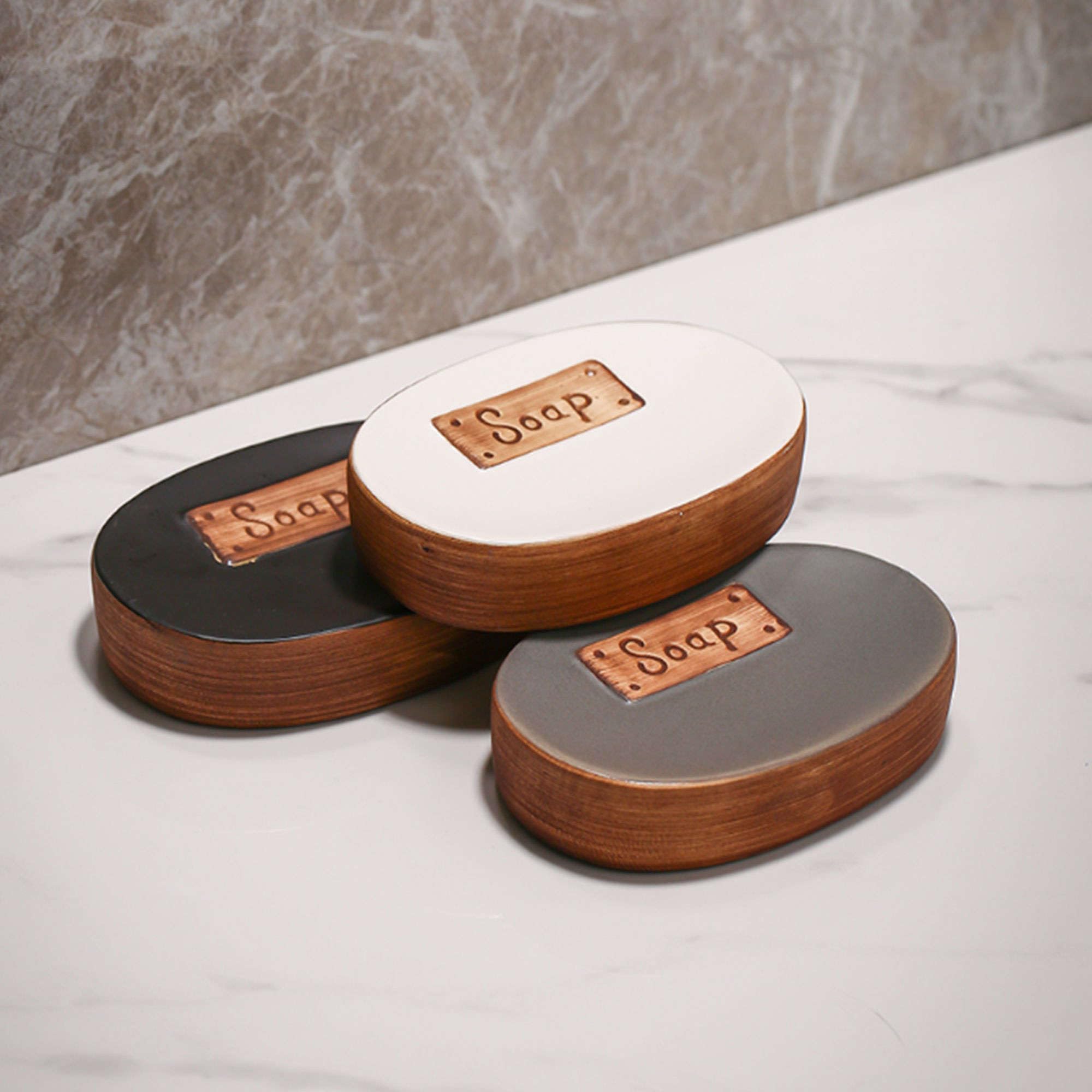 Jabonera * Jabonera de estilo europeo, jabonera de cerámica con diseño retro for jabón en barra, jabonera de porcelana, bandeja ovalada for decoración de baño, gris, 12,5 x 8,5 x 2,5 cm(Black)