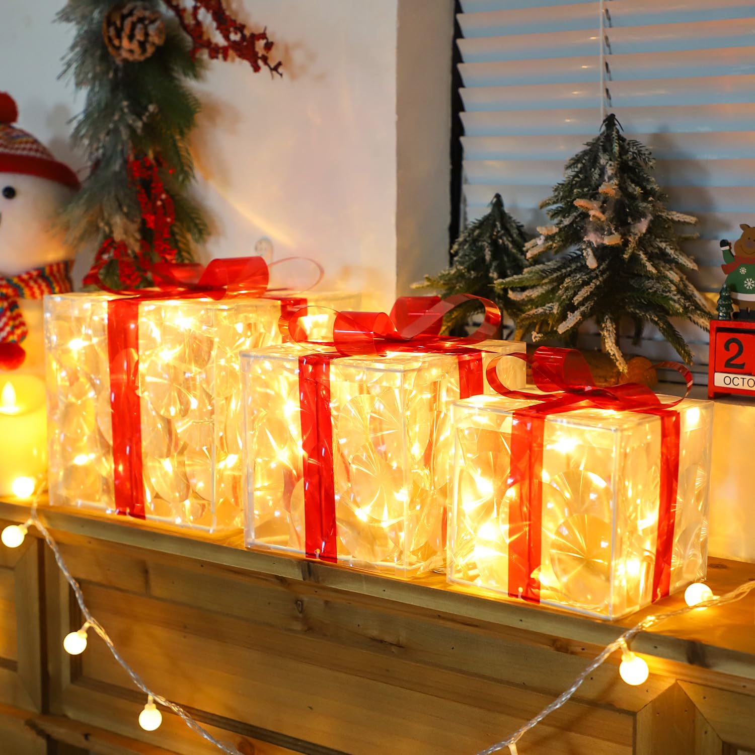 Cajas de regalo iluminadas de Navidad, juego de 3, regalos de oropel preiluminados con lazo, adorno de falda de árbol de Navidad iluminado, interior y exterior, enchufable (blanco cálido)