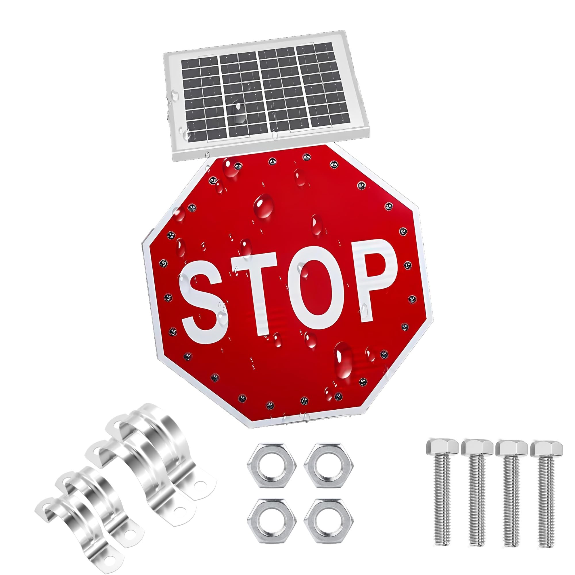 24 & 30 inch Solar Led Flashing Stop Sign Octagon Road Sign, Premium Aluminum Metal Rustproof Warning, High Efficiency Monocrystalline Solar Powered Blinking.(30in)
