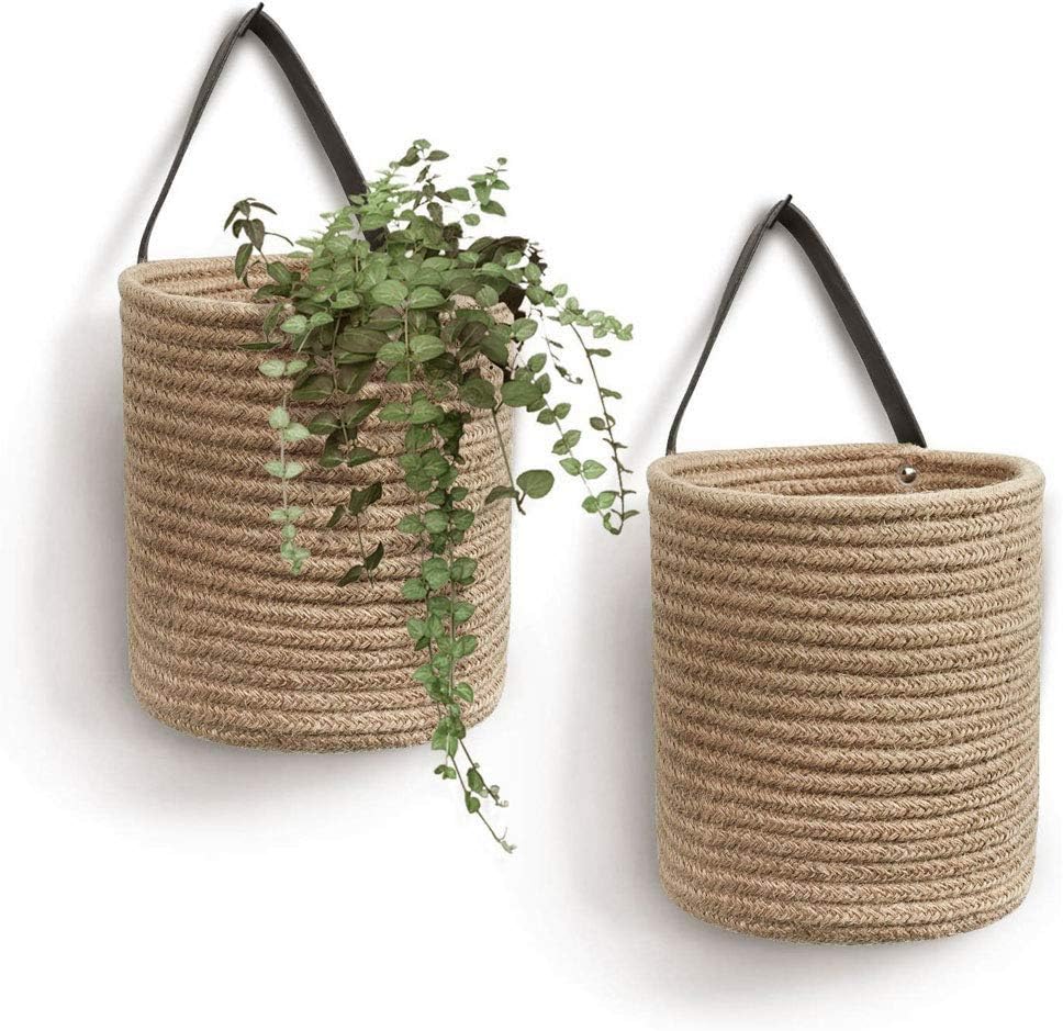 Gcroet Cotton Rope Hanging Storage Baskets 2 Pieces Jute Hanging Basket - Small Woven Hanging Basket Flower Plants Jute Woven Basket Hanging Flower Pot Wall Mount with Handle Yellow