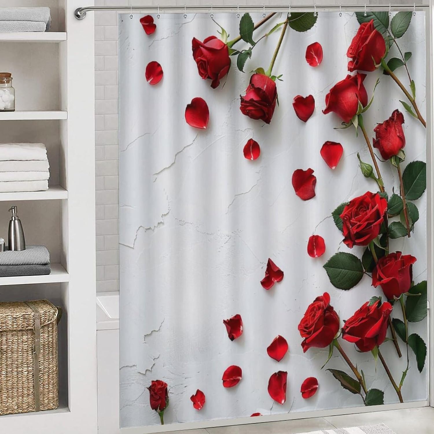 Rustic Beautiful Roses Shower Curtain Sets with Toilet Lid Cover And Rugs, Colorful Flower Petals Pictures Bathroom Decor Set with Rug U Shape Mat, Waterproof Shower Curtain with 12 Hook 4Pcs
