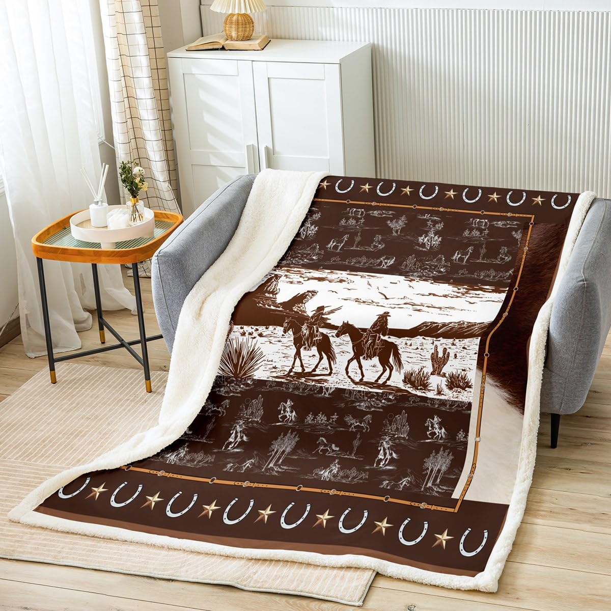 Feelyou Western Aztec Fleece Throw Blanket Twin 60"x80" Horse Cowboy Sherpa for Boys Men Kids Teens Rustic Western Decor Country Wild West Down Plush Black and White Fuzzy Blanket