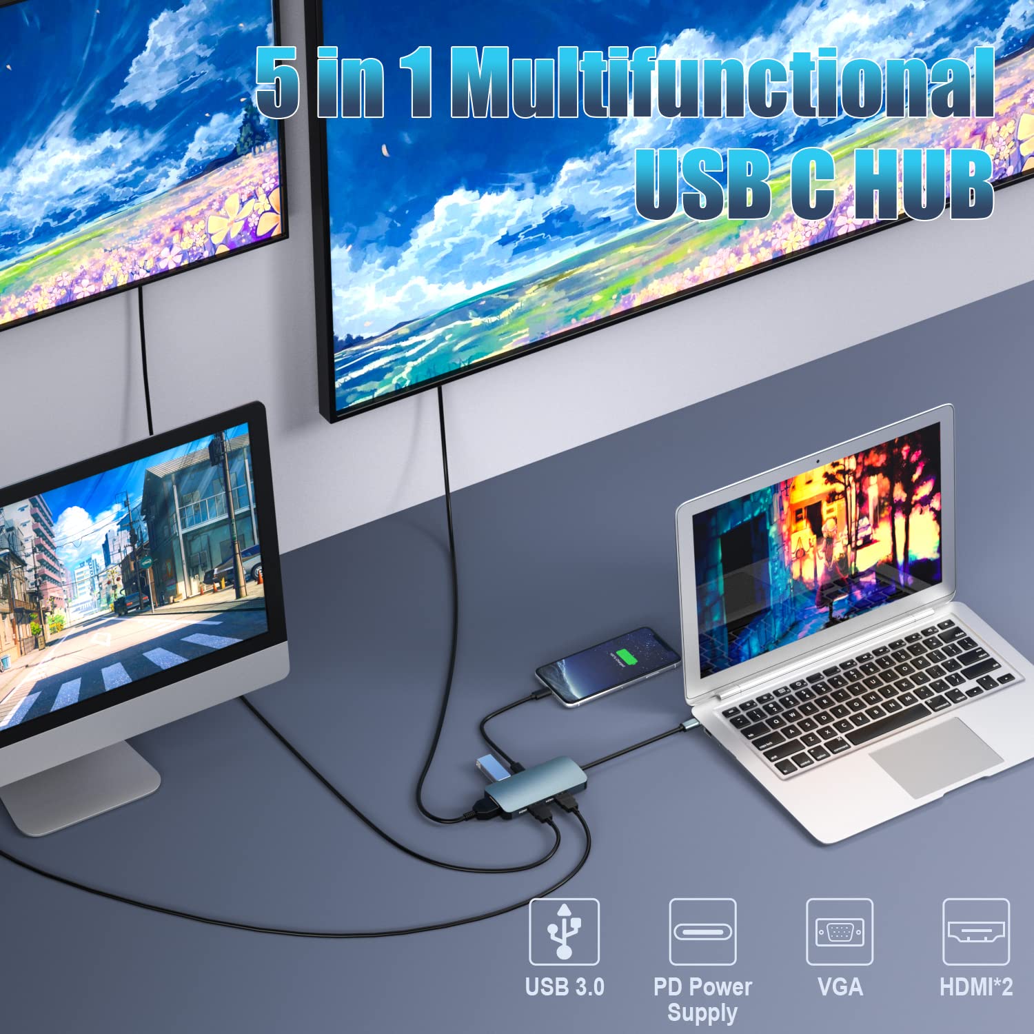 Amazon.co.jp: USB C ドッキングステーション デュアルモニター、5 in