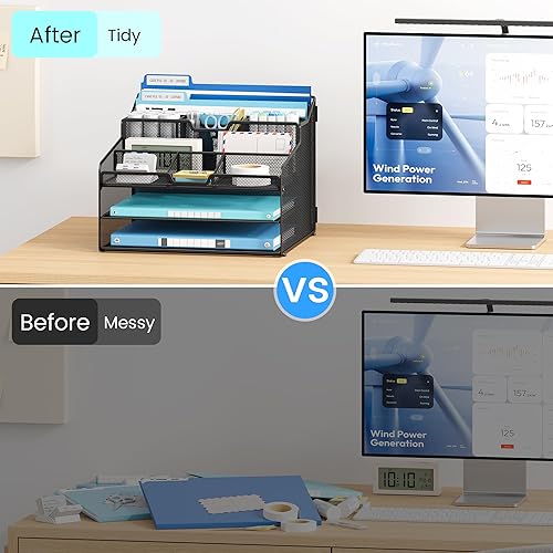 Miniatura 5 de Lavatino Organizador de escritorio, malla metálica con 2 bandejas de papel para cartas, 7 divisores flexibles, 2 soportes verticales para archivos