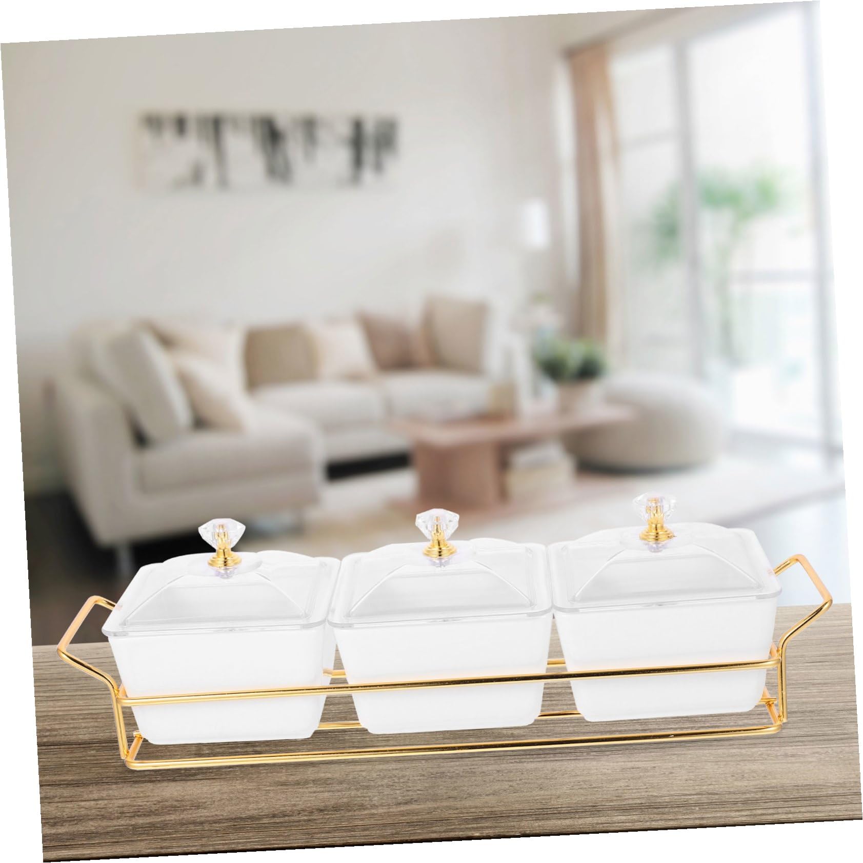 BESPORTBLE Vassoio da Portata in Ceramica Coperchio e 3 Scomparti | Bianco, Design Multicomparto, Ferro Integrato, Uso Versatile per Dolci, Snack e Condimenti