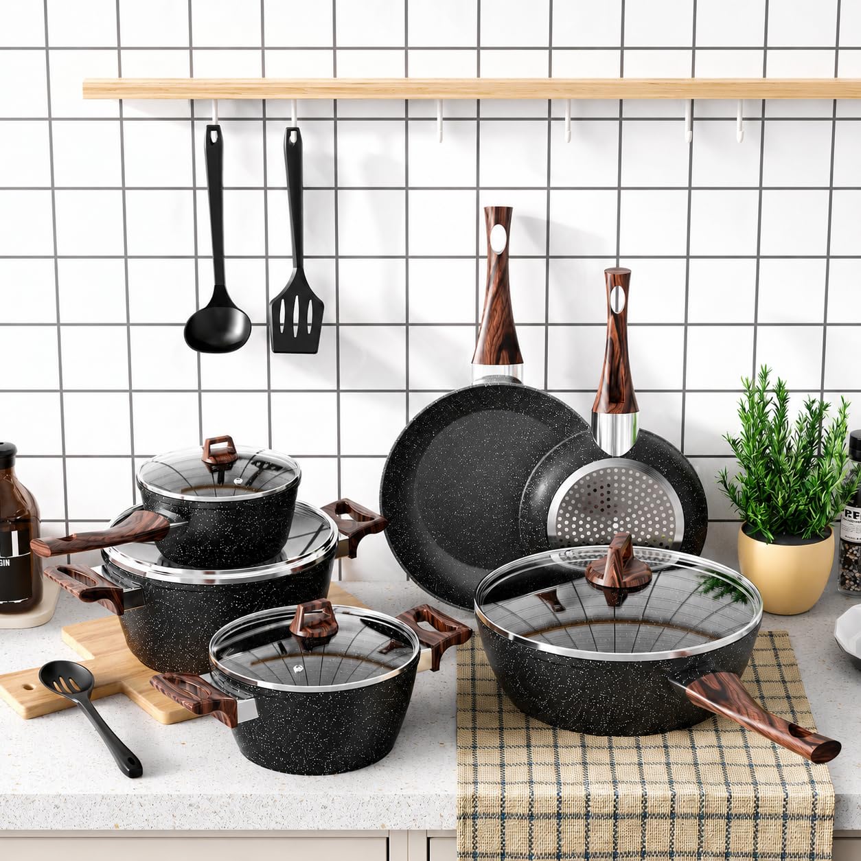 Topfset Induktion und Pfannenset Induktions Töpfe Set 13-teiliges Granit-Antihaft-Kochgeschirr Set mit Bratpfann, Kochtopf & Stielkasseroll, Glasdeckeln, PFAS und PFOA Frei