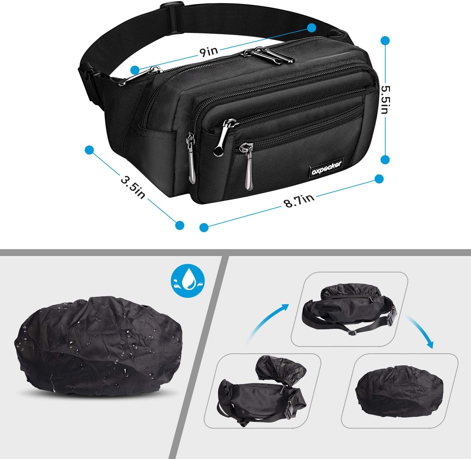 Oxpecker Waist Pack Bag with Rain Cover, Waterproof Fanny Pack for Men&Women, Workout Traveling Casual Running Hiking Cycling, Hip Bum Bag (black) - Image 6