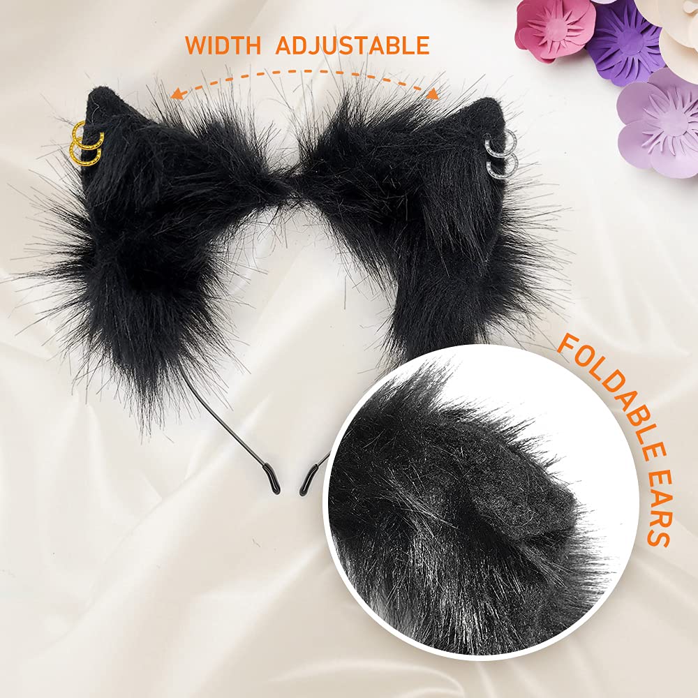 GaliaFaya Cat Wolf Fox Dog Ears Headband Handmade Faux fur Cosplay Halloween Costume Party: Pure Black