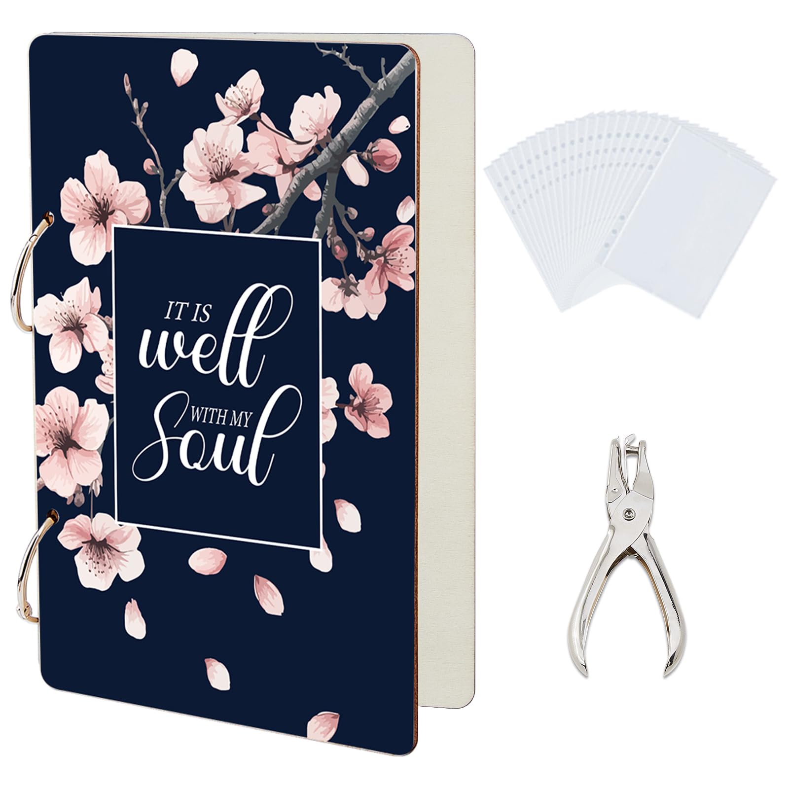 SUPERDANT Flowering Branch Greeting Card Organizer Set Blue Wooden Wonderful Memories Card Keeper Binder Suit Holder Book with 2-Ring 20 Inner Pocket and Punch for Birthday Wedding 24x16cm