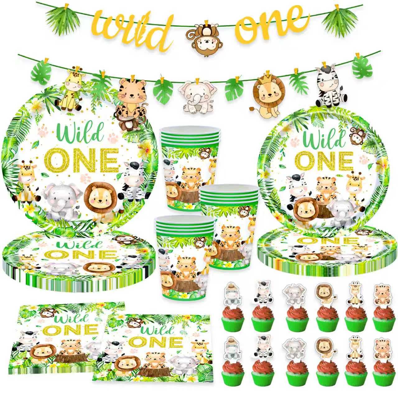 105PCS Wild One Birthday Party Decoration, 20 Guests, Animal Jungle Safari Theme Paper Plates, Cups, Napkins, Cake Topper and Banners for 1st Animal Birthday Dinnerware Supplies