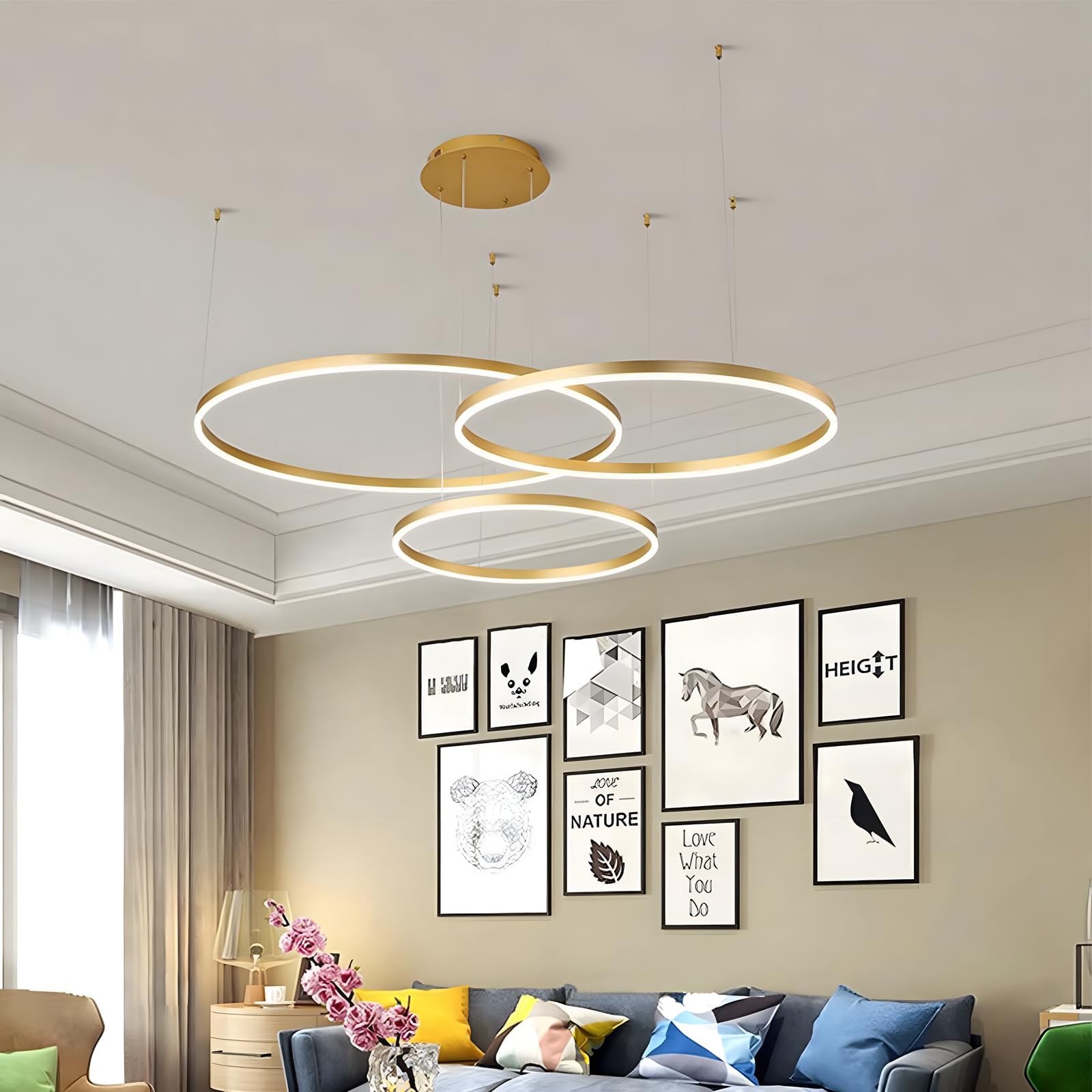 WayLuoung Lámpara LED Metal | 3 Círculos 40+60+80cm | 90W Lámpara Colgante Techo Anillos, Control Remoto Regulable 3000-6000 K, Lámpara Colgante Pantalla Acrílica Sala Dormitorio Vestíbulo【Oro】