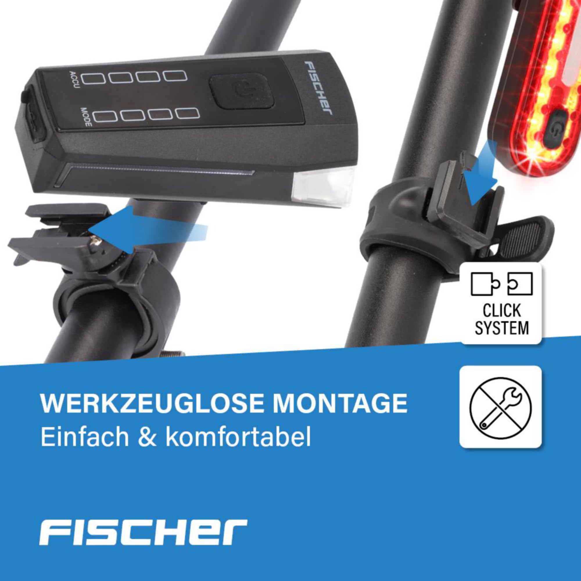 Fischer Juego de iluminación para Bicicleta 80/40/20 Lux, Juego de Luces de batería, luz Delantera y Trasera, con batería y función de Carga USB, 3 Funciones de luz, protección contra Salpicaduras