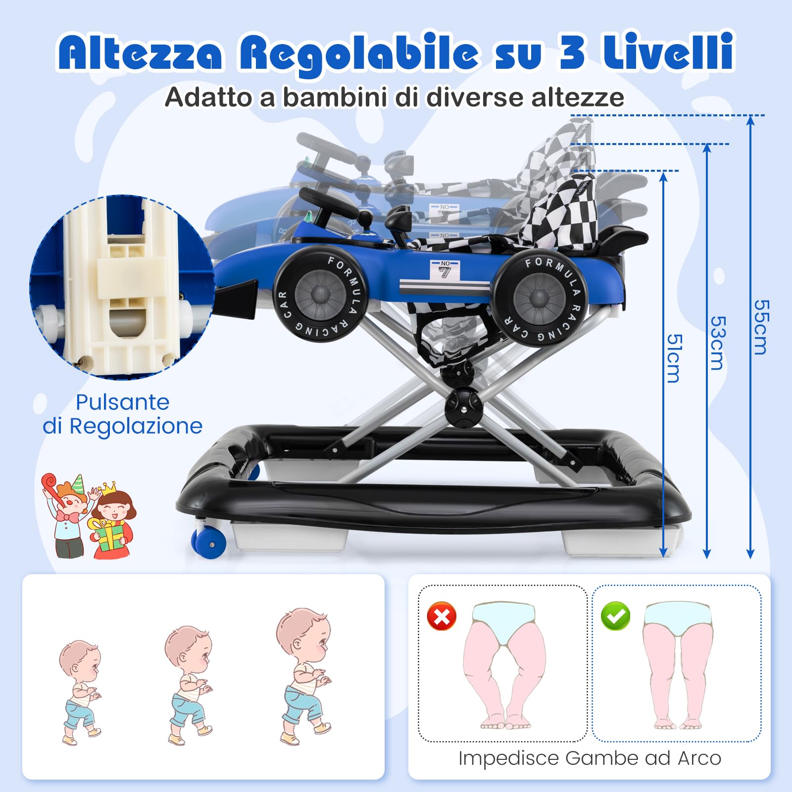 COSTWAY 4 in 1 Girello per Bambini, Altezza Regolabile a 3 Livelli, Passeggino per Bambini, con Volante Imbottito e Scatola Musicale, Portata 12 kg, per Bambini 6-18 Mesi (Blu)