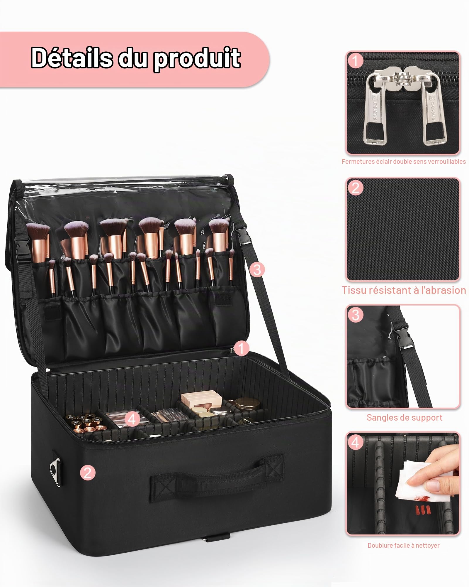 Relavel Trousse de Maquillage Professionnelle Extra Large avec 4 Sacs Transparents et Plateau à Rouge à lèvres pour maquilleurs