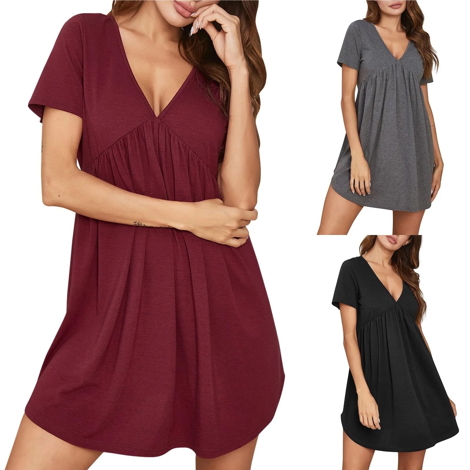 Camicia da Notte da Donna Pigiama da casa Donna Primavera ed Estate, Tinta Unita, Casual, Scollo a V, Maniche Corte, Lunghezza al Ginocchio, Camicia Notte
