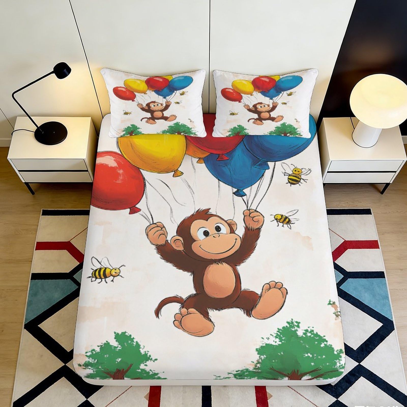 3D Printed Balloon Monkey Fitted Sheet Microfiber Soft Durable Colorful Bed Cover with 3D Cartoon Design for Bedroom Dormitory Guest Room 180x200x25cm
