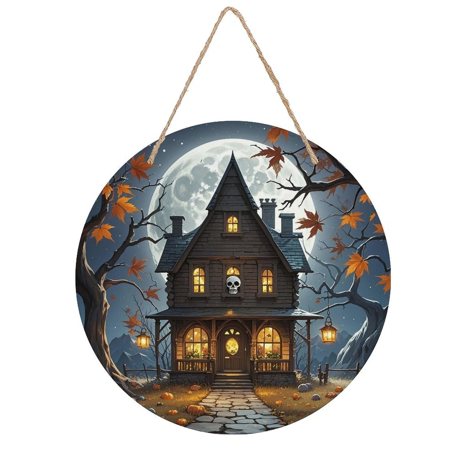 LZQPOEAS Skull Castle Wall Art Decor Round Wood Hanging Sign Rustic Vintage Wooden Door Hanger with Ropes Decorative Plaque Welcome Sign for Home Indoor Outdoor, 7.9x7.9 in